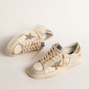 Golden Goose Stardan Sneakers In Ecru Nappa Leather With Gold Glitter Star And Heel Tab GWF00128.F004550.11490