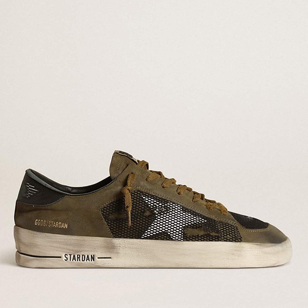 Golden Goose Stardan Sneakers In Military Green Nubuck And Black Mesh With White Star GMF00370.F003776.81934