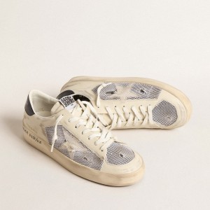 Golden Goose Stardan Sneakers In White Leather And Mesh With Blue Metallic Heel Tab GMF00580.F004567.10768