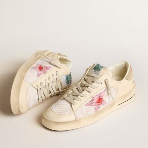 Golden Goose Stardan Sneakers In White Leather And Mesh With Red Star And Sand-colored Heel Tab GMF00370.F006046.11892