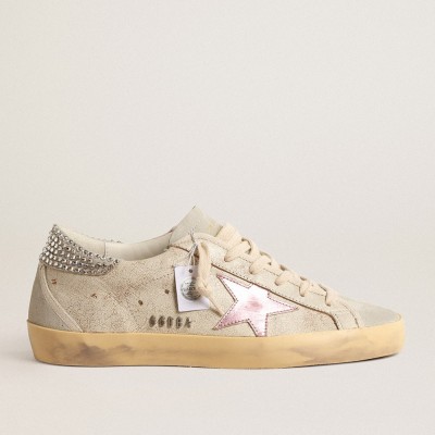 Golden Goose Super-Star LTD Sneakers In Ecru With Swarovski Crystal Heel Tab GWF00102.F004660.82325