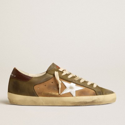 Golden Goose Super-Star LTD Sneakers In Green Leather And Tobacco-colored Suede With Silver Star GMF00103.F005172.82501