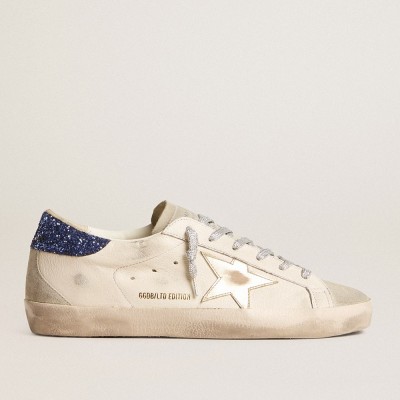 Golden Goose Super-Star LTD Sneakers In Nappa Leather With Platinum Star And Blue Glitter Heel Tab GWF00102.F005847.11859