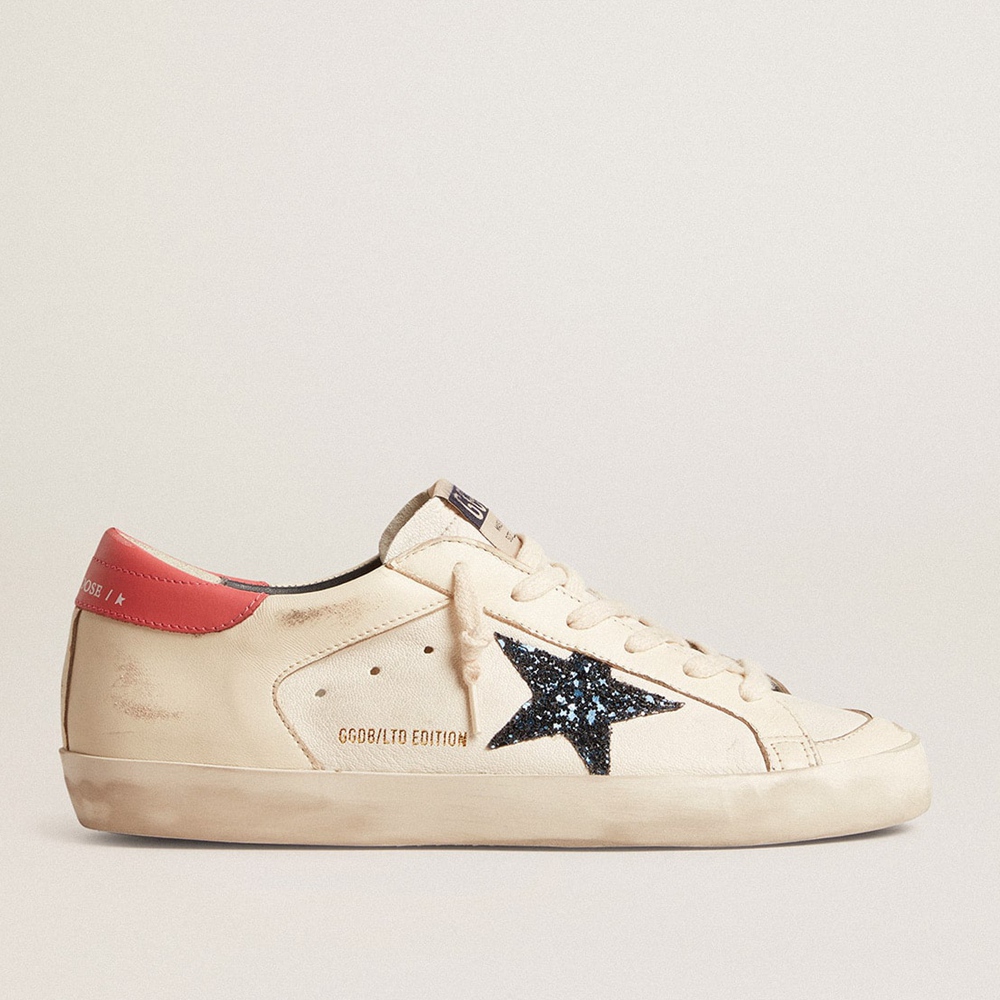 Golden Goose Super-Star LTD Sneakers In Nappa With Blue Glitter Star And Red Heel Tab GWF00476.F005945.10317