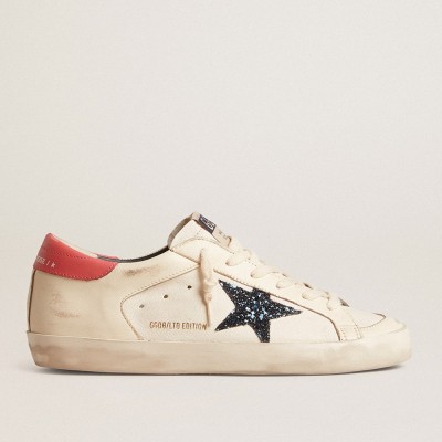 Golden Goose Super-Star LTD Sneakers In Nappa With Blue Glitter Star And Red Heel Tab GWF00476.F005945.10317