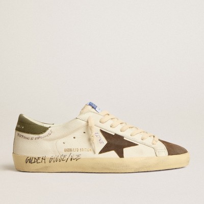 Golden Goose Super-Star LTD Sneakers In Nappa With Brown Suede Star And Green Heel Tab GMF00101.F005194.11666