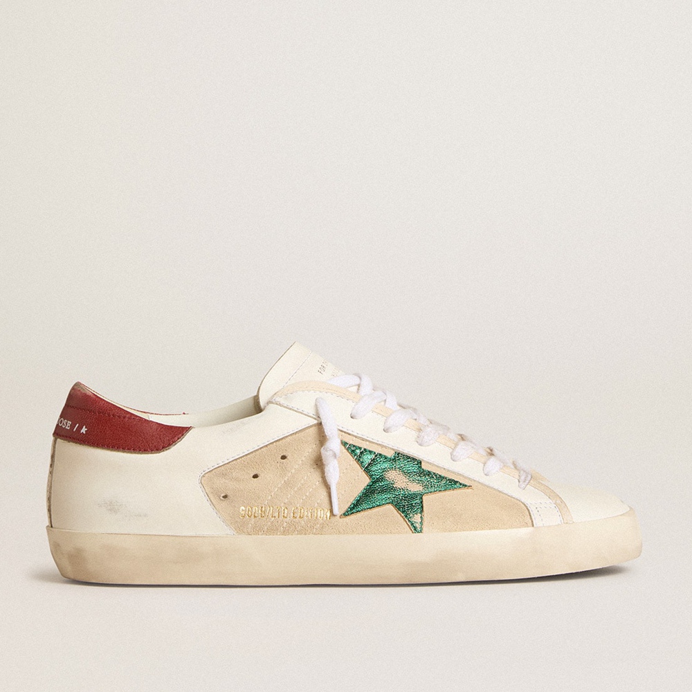 Golden Goose Super-Star LTD Sneakers In Suede With Green Metallic Star And Red Heel Tab GMF00103.F006002.82678