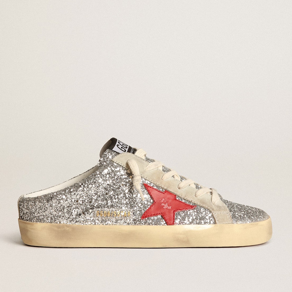 Golden Goose Super-Star Sneakers Sabot Sneakers In Silver Glitter With Red Leather Star GWF00110.F003780.81521