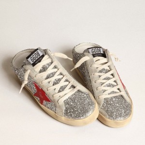 Golden Goose Super-Star Sneakers Sabot Sneakers In Silver Glitter With Red Leather Star GWF00110.F003780.81521