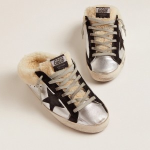 Golden Goose Super-Star Sabot Sneakers In Silver Laminated Leather With Black Star GWF00110.F002307.70149