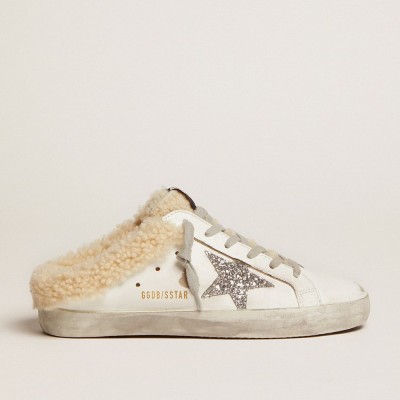 Golden Goose Super-Star Sabot Sneakers In White Leather And Shearling Lining GWF00110.F002306.10224