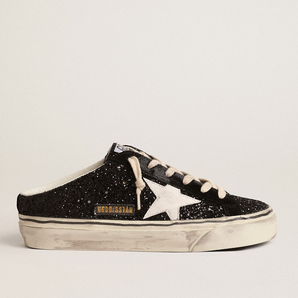 Golden Goose Super-Star Sabots Sneakers In Black Glitter With White Bio-based Star GWF00485.F004546.80203