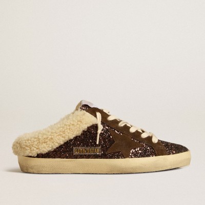 Golden Goose Super-Star Sabots Sneakers In Glitter With Brown Star And Shearling Lining GWF00110.F005132.55499