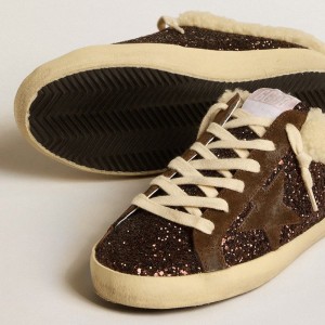 Golden Goose Super-Star Sabots Sneakers In Glitter With Brown Star And Shearling Lining GWF00110.F005132.55499