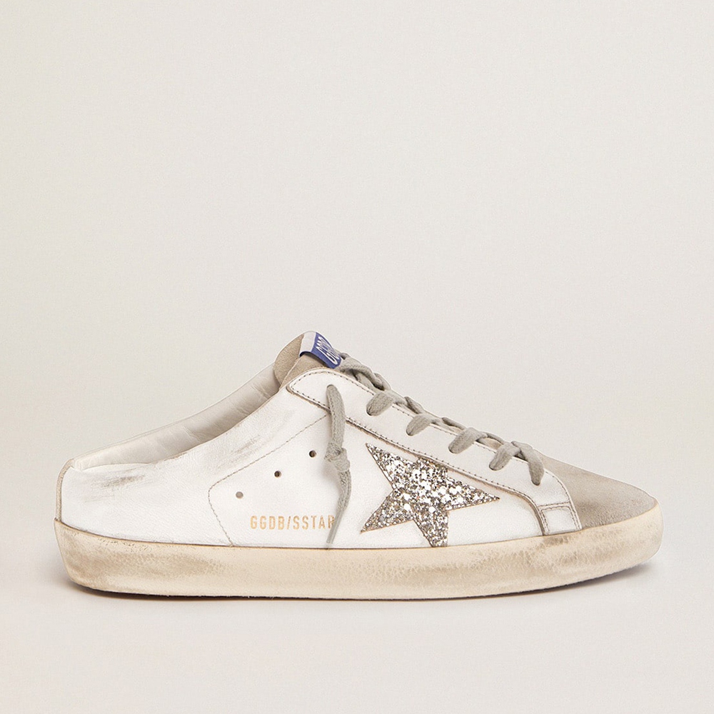 Golden Goose Super-Star Sabots Sneakers In White Leather And Gray Suede With Silver Glitter Star GWF00110.F001722.81194