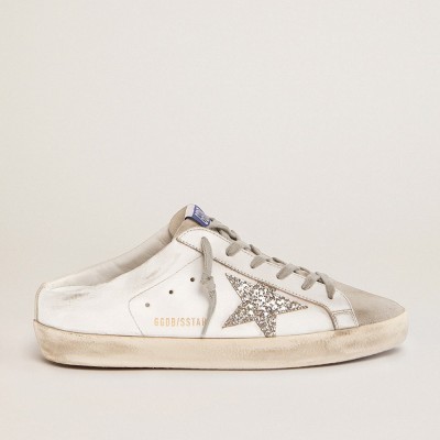 Golden Goose Super-Star Sabots Sneakers In White Leather And Gray Suede With Silver Glitter Star GWF00110.F001722.81194