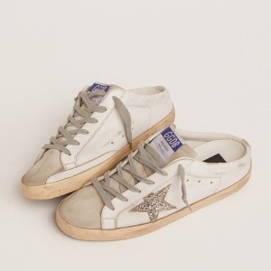 Golden Goose Super-Star Sabots Sneakers In White Leather And Gray Suede With Silver Glitter Star GWF00110.F001722.81194