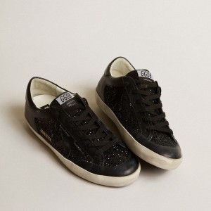 Golden Goose Super-Star Sneakers In Black Nappa And Glitter With Glossy Black Leather Star GWF00108.F005111.90100