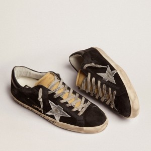 Golden Goose Super-Star Sneakers In Black Suede With Silver Laminated Leather Star GMF00101.F002679.90179