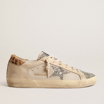 Golden Goose Super-Star Sneakers In Cream Mesh With Glitter Star And Leopard Heel Tab GWF00103.F004675.15499