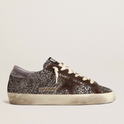 Golden Goose Super-Star Sneakers In Glitter With A Brown Star And Lilac Heel Tab GWF00101.F003986.60394