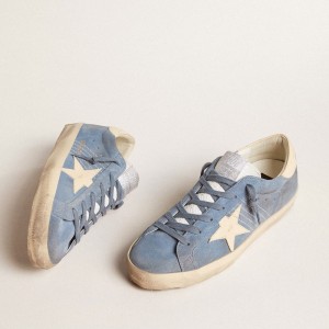 Golden Goose Super-Star Sneakers In Light Blue Suede With Beige Leather Star And Heel Tab GWF00101.F005877.50856