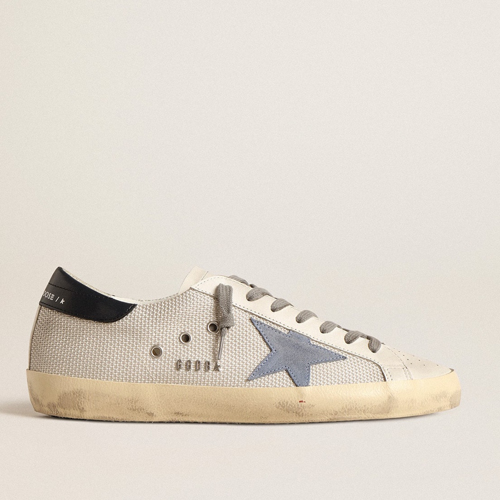 Golden Goose Super-Star Sneakers In Pale Silver Mesh With Light Blue Suede Star GMF00101.F004587.82295