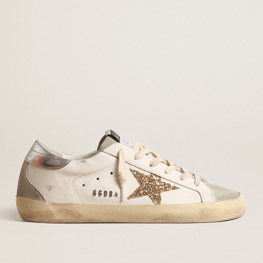 Golden Goose Super-Star Sneakers With Gold Glitter Star And Ice-gray Suede Inserts GWF00102.F004664.10417