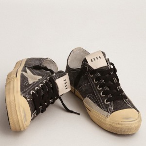 Golden Goose V-Star LTD Sneakers In Black Canvas With Ice-gray Star And Heel GWF00129.F003088.90184