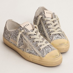 Golden Goose V-Star LTD Sneakers In Silver Glitter With Ice-gray Suede Star GWF00129.F003085.70136