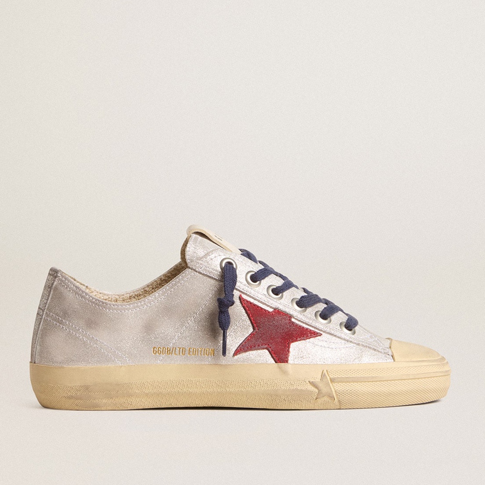 Golden Goose V-Star LTD Sneakers In Silver Metallic Suede With Red Suede Star GWF00129.F005928.70217