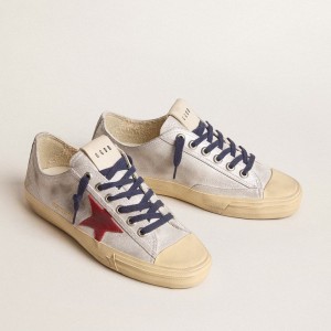 Golden Goose V-Star LTD Sneakers In Silver Metallic Suede With Red Suede Star GWF00129.F005928.70217