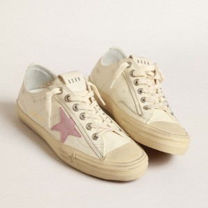 Golden Goose V-Star Sneakers In Beige Nappa Leather With Old-rose Suede Star GWF00129.F004059.15418