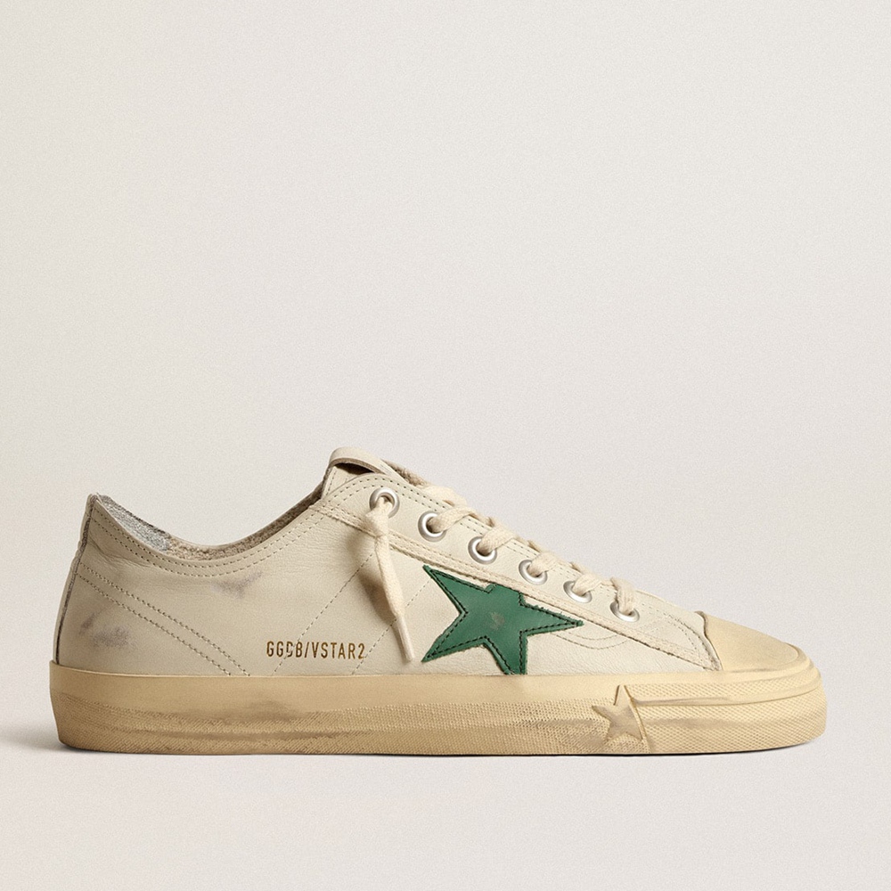 Golden Goose V-Star Sneakers In Glossy Leather With Green Leather Star GMF00129.F004023.10502