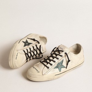 Golden Goose V-Star Sneakers In Glossy Leather With Metallic Green Crackle Leather Star GMF00129.F004610.11527