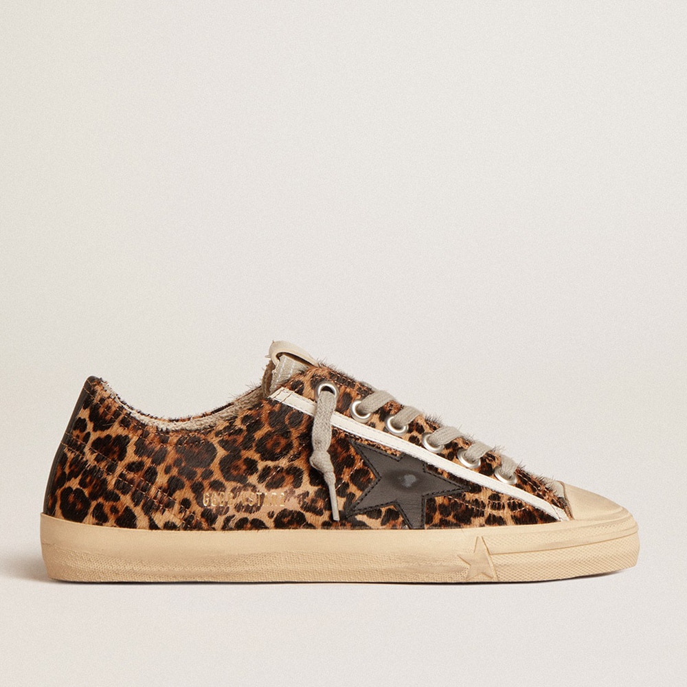 Golden Goose V-Star Sneakers In Leopard Pony Skin With Black Leather Star And Heel Tab GWF00129.F005030.81629