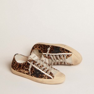 Golden Goose V-Star Sneakers In Leopard Pony Skin With Black Leather Star And Heel Tab GWF00129.F005030.81629