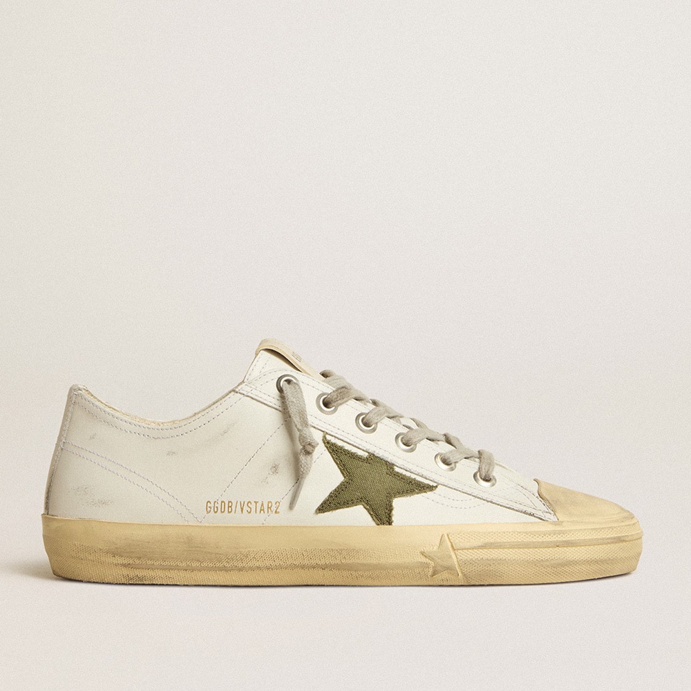 Golden Goose V-Star Sneakers In White Leather With Green Canvas Star GMF00129.F005295.10502