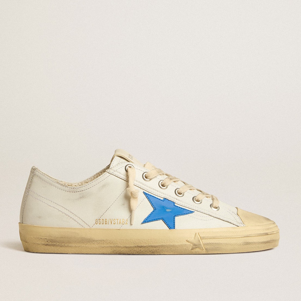 Golden Goose V-Star Sneakers In White Leather With Light Blue Leather Star GMF00129.F005297.10793