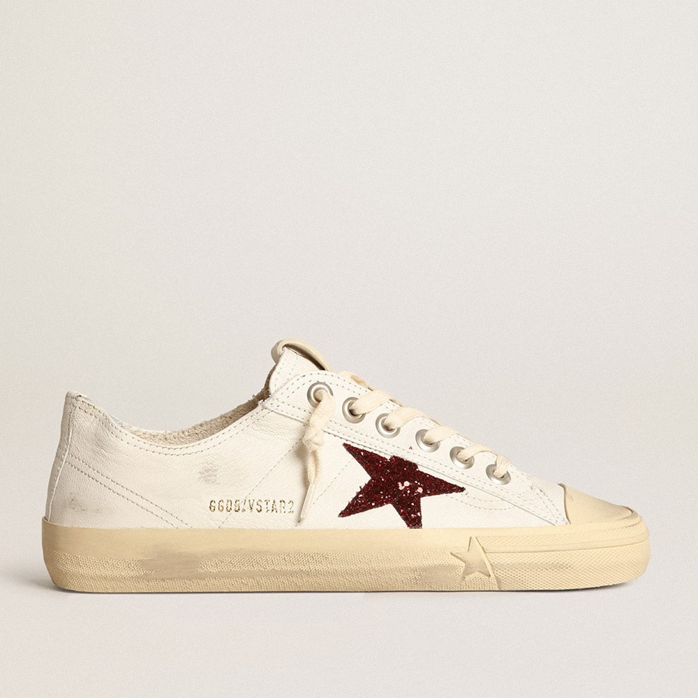 Golden Goose V-Star Sneakers In White Nappa With Red Glitter Star GWF00129.F003921.10350